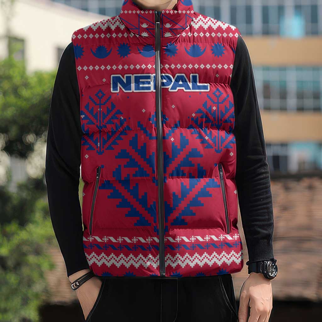 Nepal Christmas Sleeveless Puffer Jacket with Red-Blue Design, National Emblem, and Snowflake Motif - Wonder Print Shop