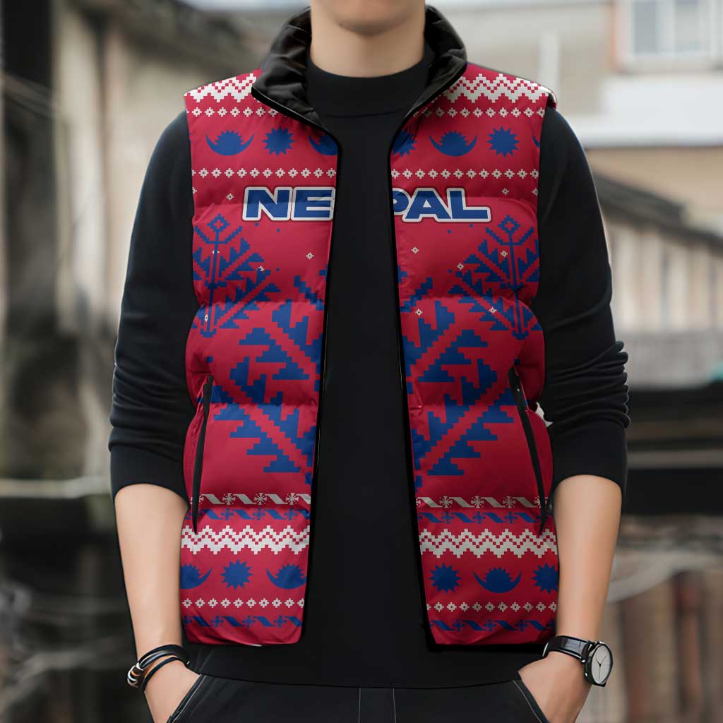 Nepal Christmas Sleeveless Puffer Jacket with Red-Blue Design, National Emblem, and Snowflake Motif - Wonder Print Shop