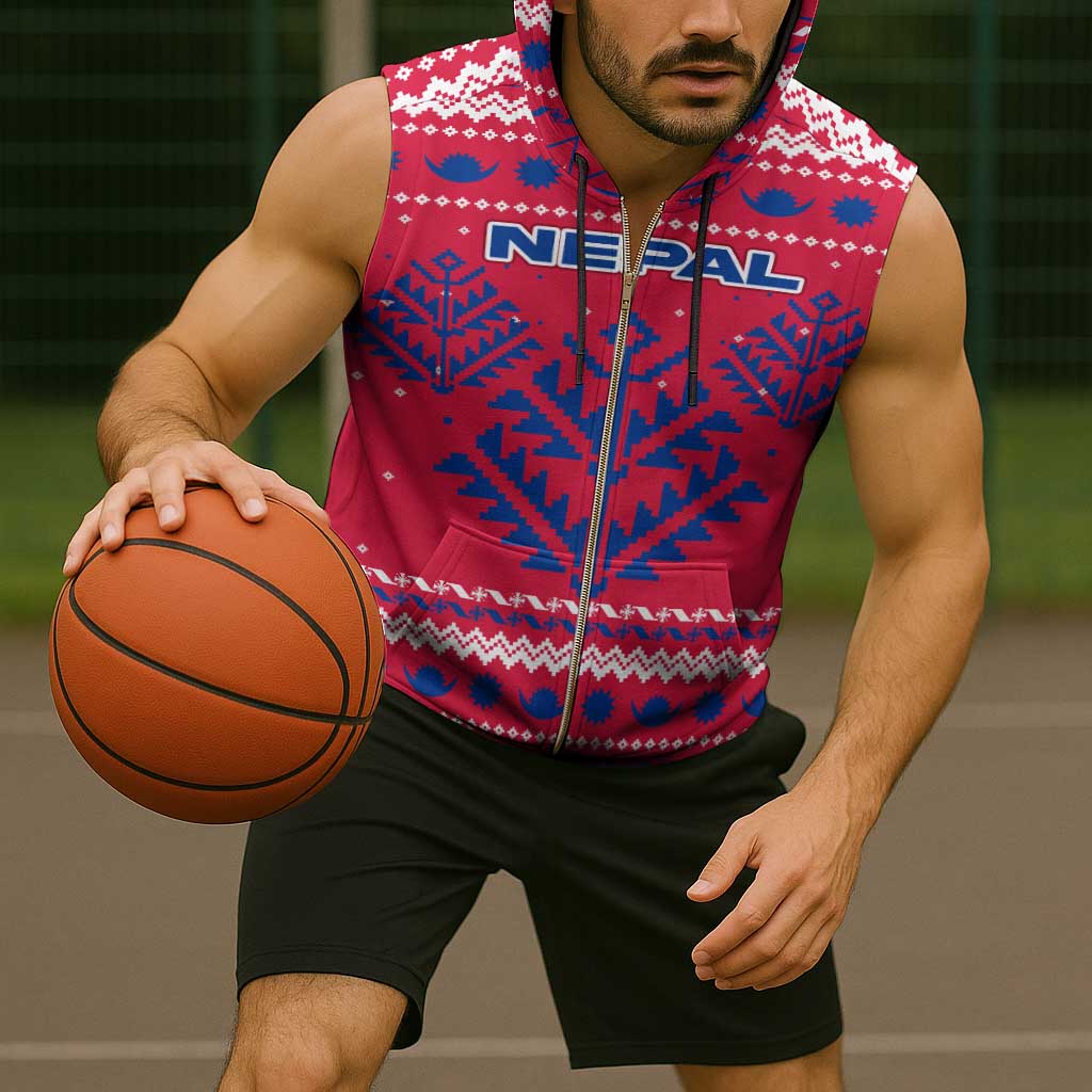 Nepal Christmas Sleeveless Zip Hoodie with Red-Blue Design, National Emblem, and Snowflake Motif - Wonder Print Shop