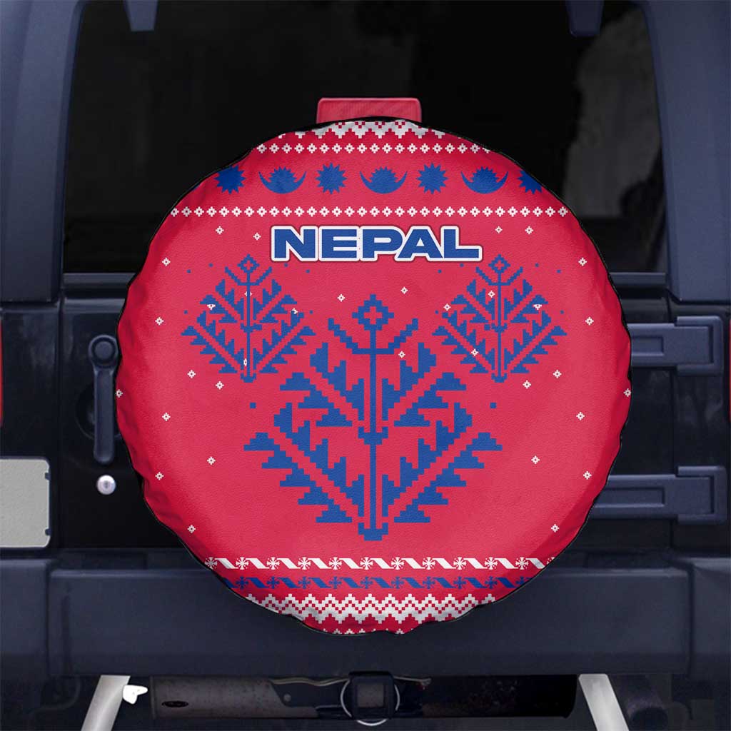 Nepal Christmas Spare Tire Cover with Red-Blue Design, National Emblem, and Snowflake Motif - Wonder Print Shop