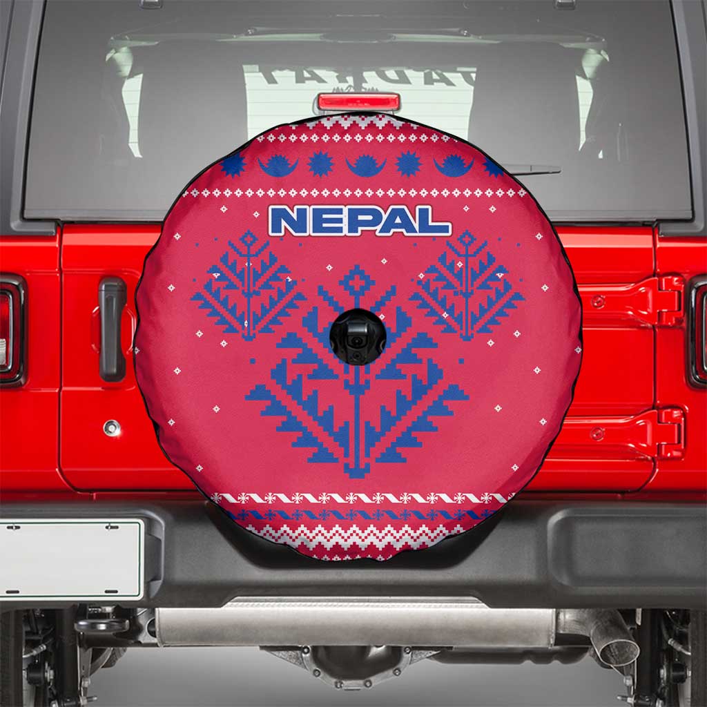 Nepal Christmas Spare Tire Cover with Red-Blue Design, National Emblem, and Snowflake Motif - Wonder Print Shop