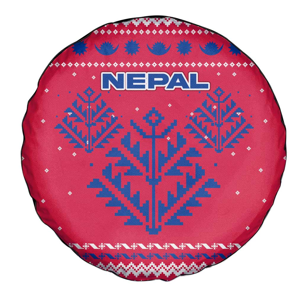 Nepal Christmas Spare Tire Cover with Red-Blue Design, National Emblem, and Snowflake Motif - Wonder Print Shop