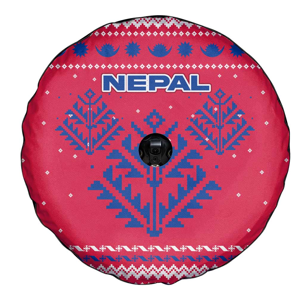 Nepal Christmas Spare Tire Cover with Red-Blue Design, National Emblem, and Snowflake Motif - Wonder Print Shop