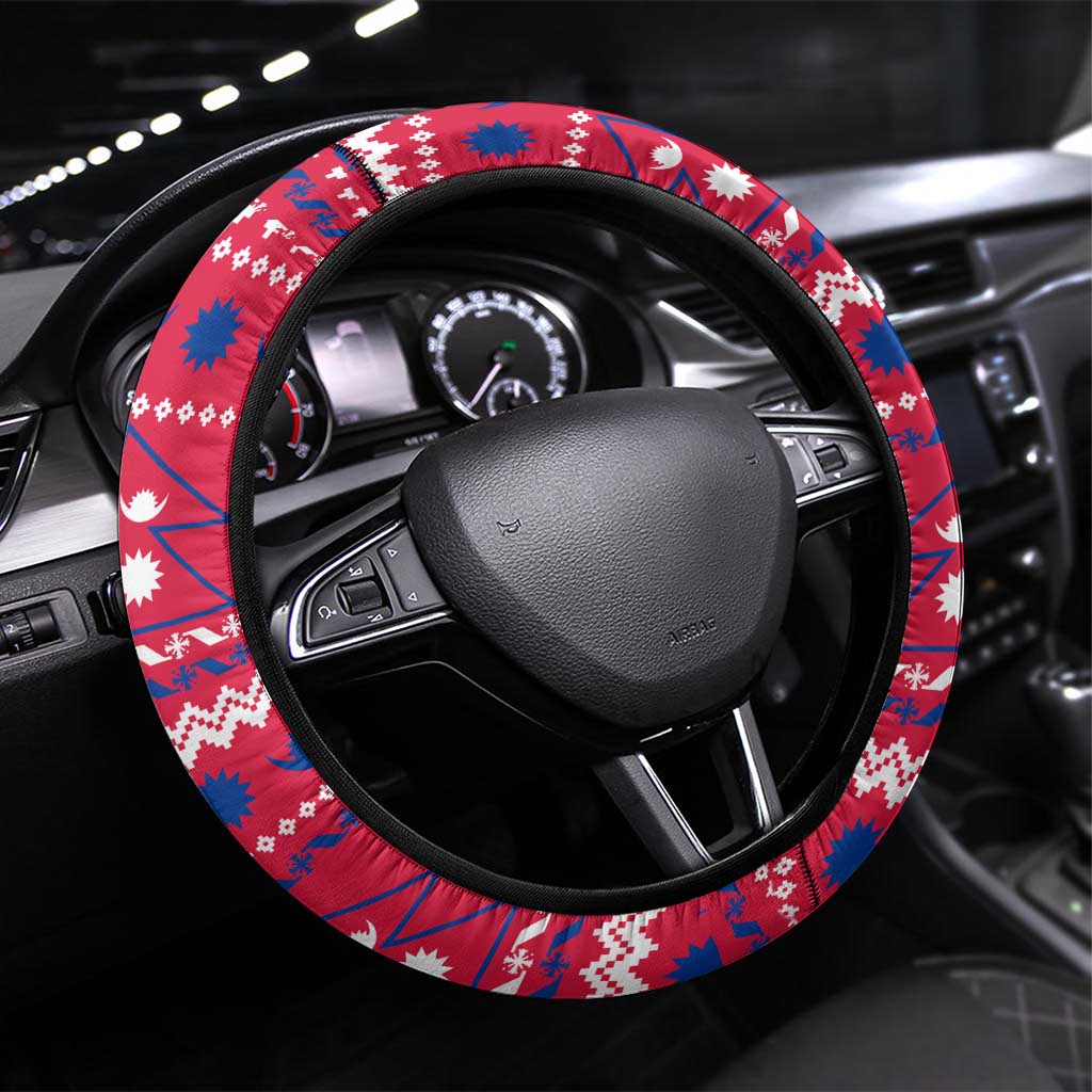 Nepal Christmas Steering Wheel Cover with Red-Blue Design, National Emblem, and Snowflake Motif - Wonder Print Shop