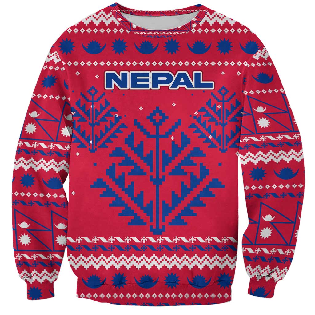 Nepal Christmas Sweatshirt with Red-Blue Design, National Emblem, and Snowflake Motif - Wonder Print Shop