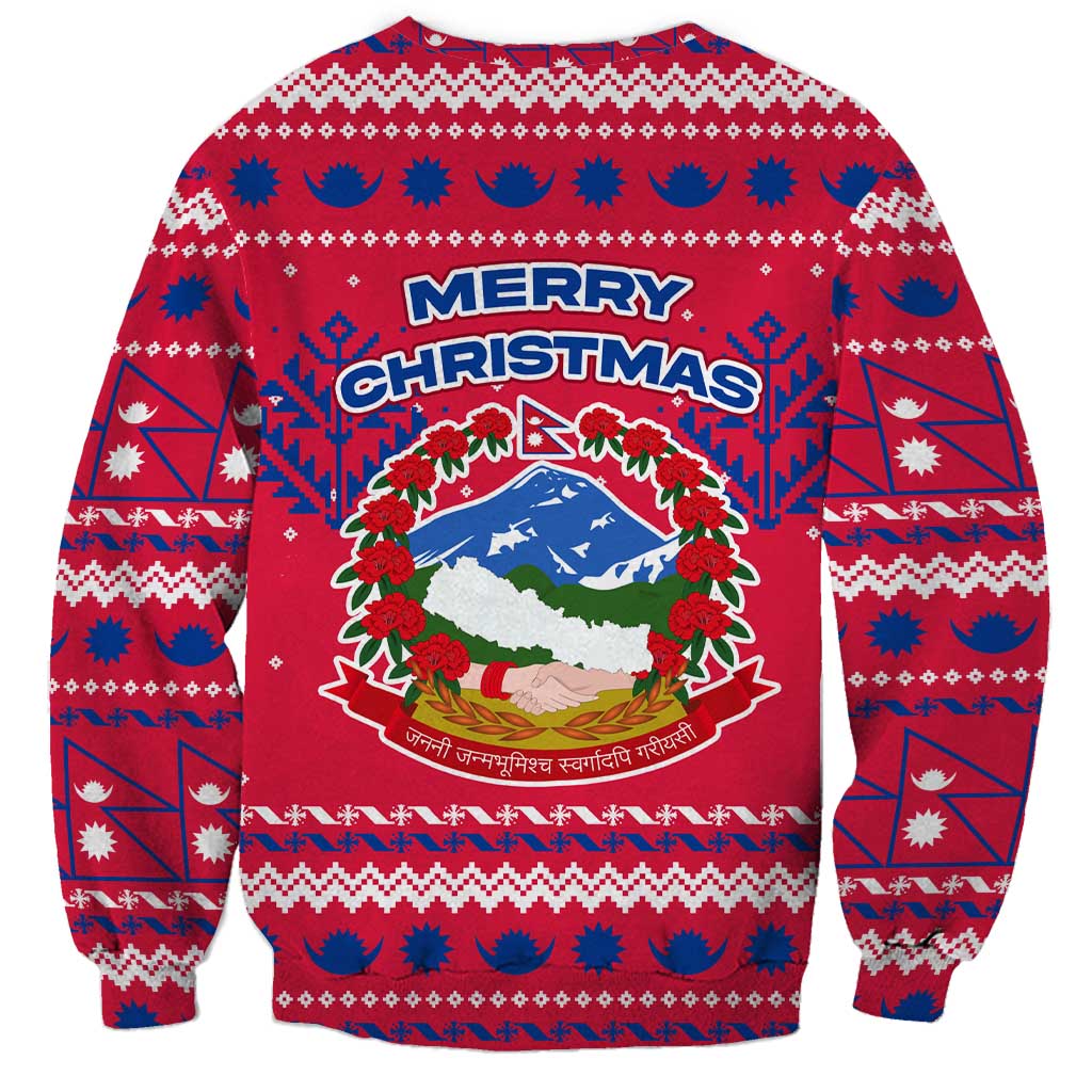 Nepal Christmas Sweatshirt with Red-Blue Design, National Emblem, and Snowflake Motif - Wonder Print Shop