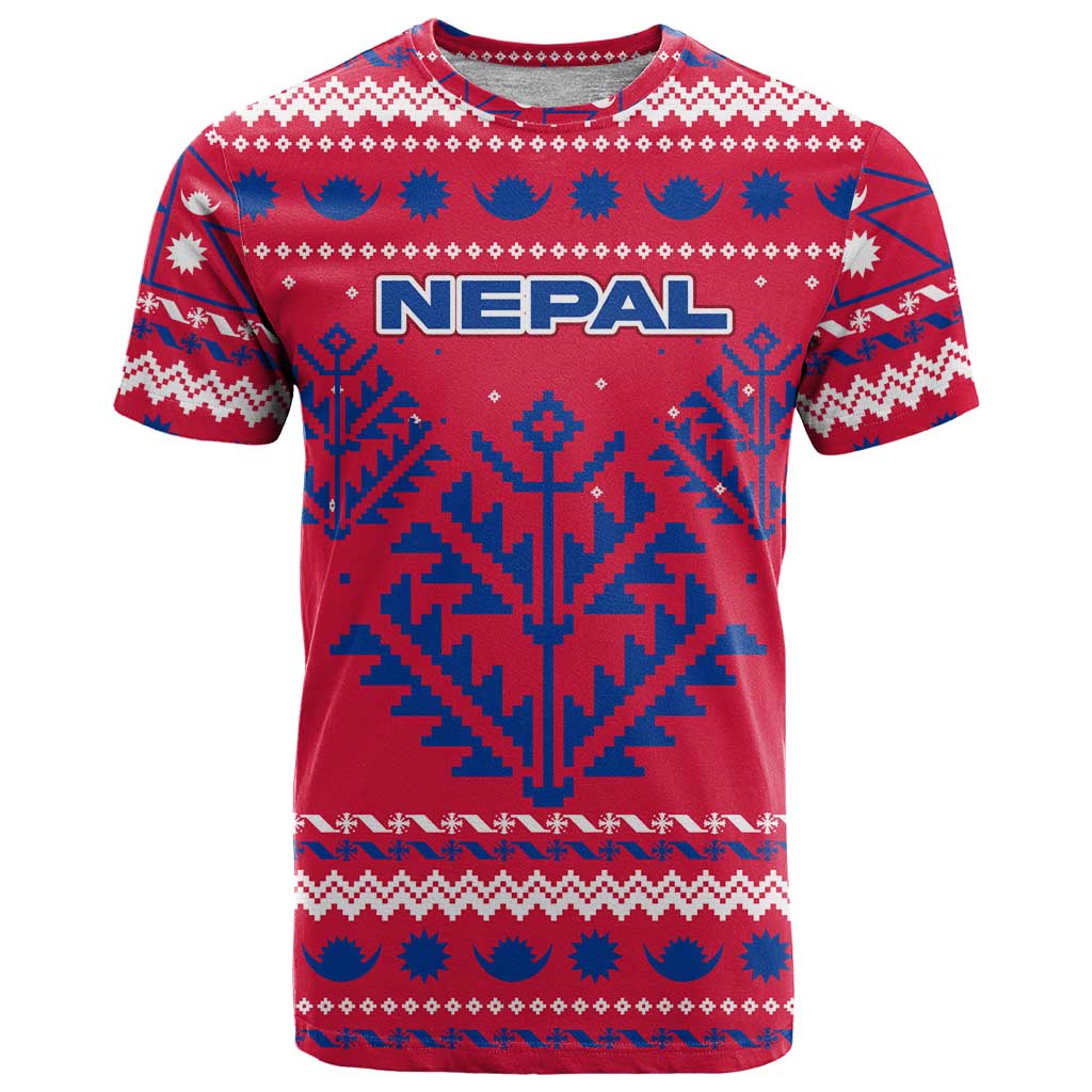 Nepal Christmas T Shirt with Red-Blue Design, National Emblem, and Snowflake Motif - Wonder Print Shop
