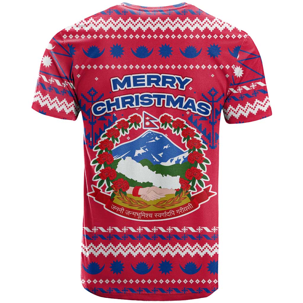 Nepal Christmas T Shirt with Red-Blue Design, National Emblem, and Snowflake Motif - Wonder Print Shop