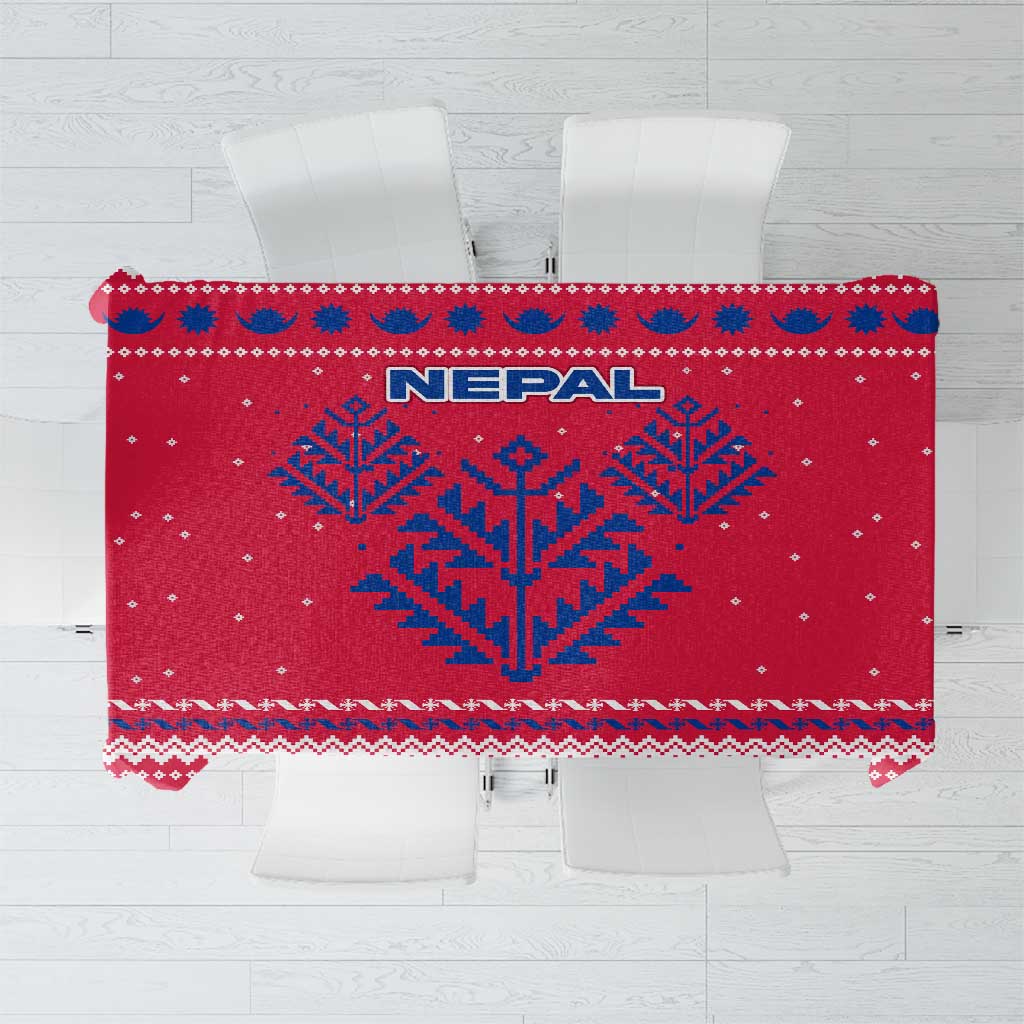 Nepal Christmas Tablecloth with Red-Blue Design, National Emblem, and Snowflake Motif - Wonder Print Shop