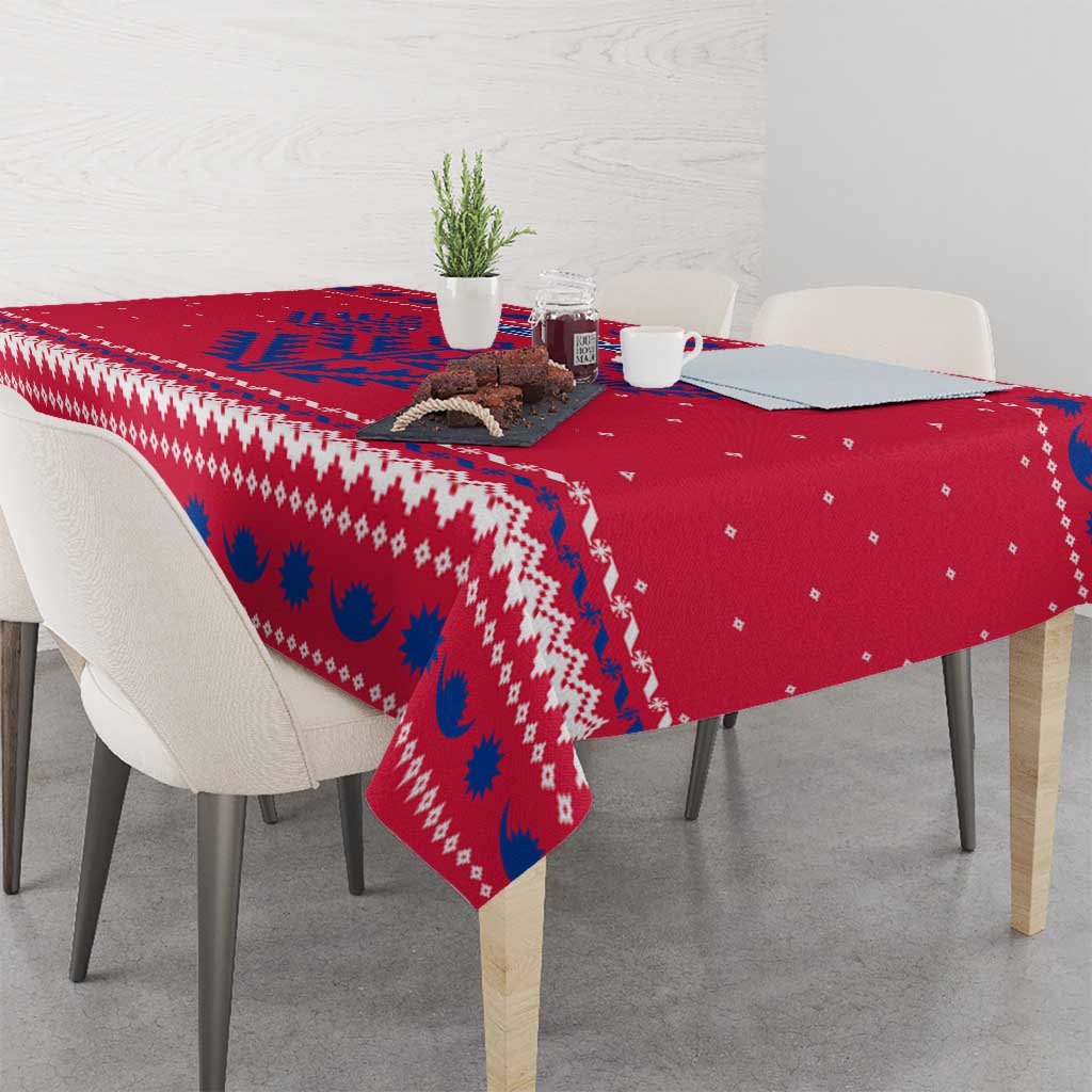 Nepal Christmas Tablecloth with Red-Blue Design, National Emblem, and Snowflake Motif - Wonder Print Shop