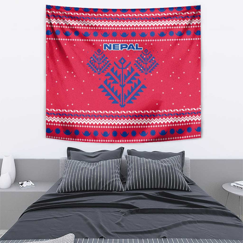 Nepal Christmas Tapestry with Red-Blue Design, National Emblem, and Snowflake Motif - Wonder Print Shop