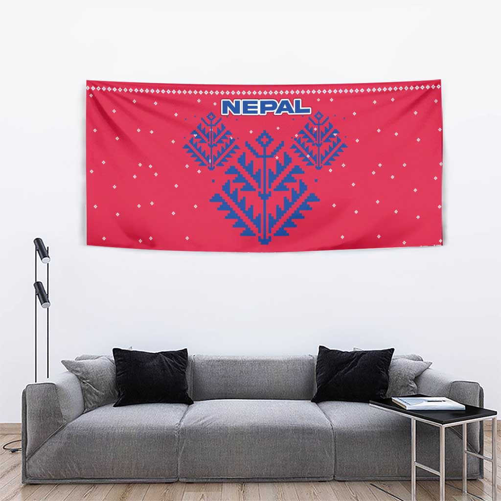 Nepal Christmas Tapestry with Red-Blue Design, National Emblem, and Snowflake Motif - Wonder Print Shop