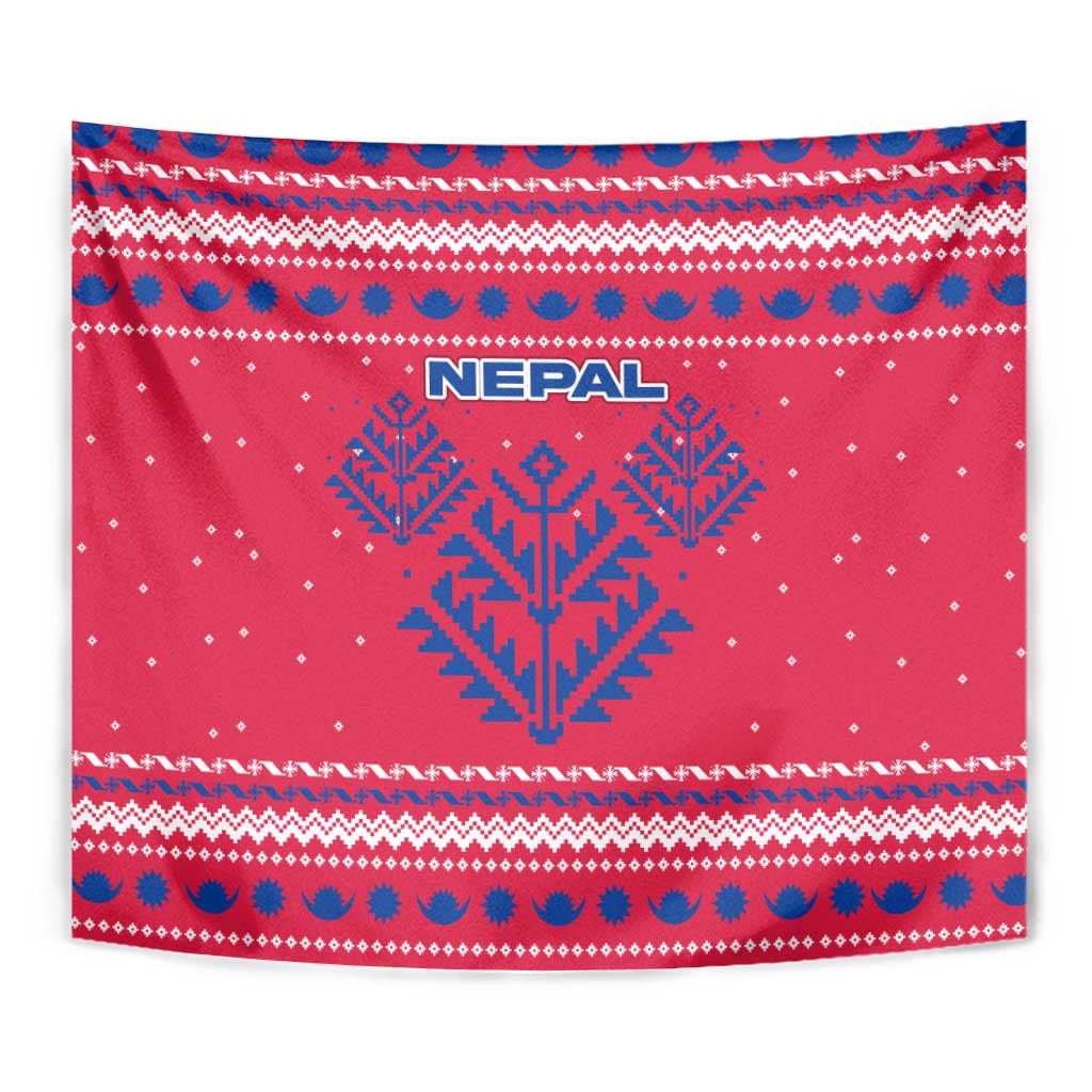 Nepal Christmas Tapestry with Red-Blue Design, National Emblem, and Snowflake Motif - Wonder Print Shop
