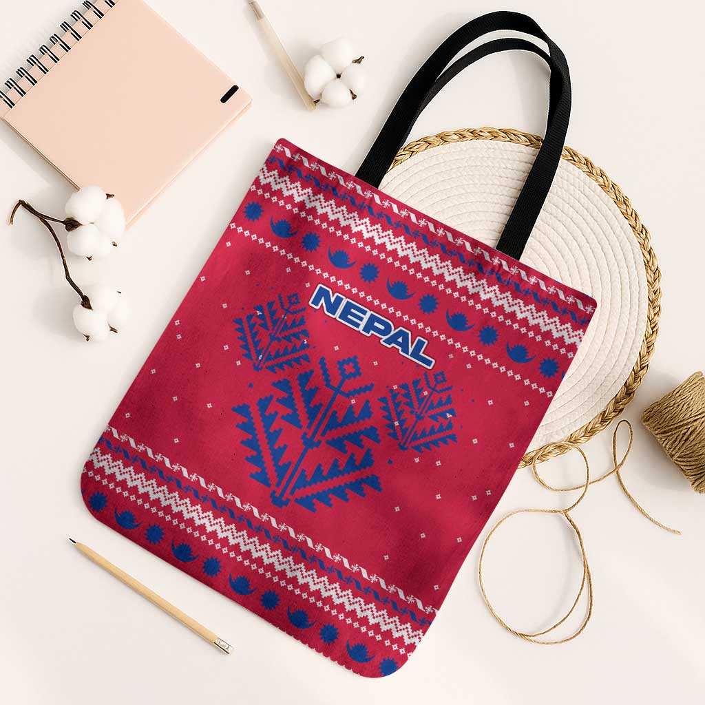 Nepal Christmas Tote Bag with Red-Blue Design, National Emblem, and Snowflake Motif - Wonder Print Shop