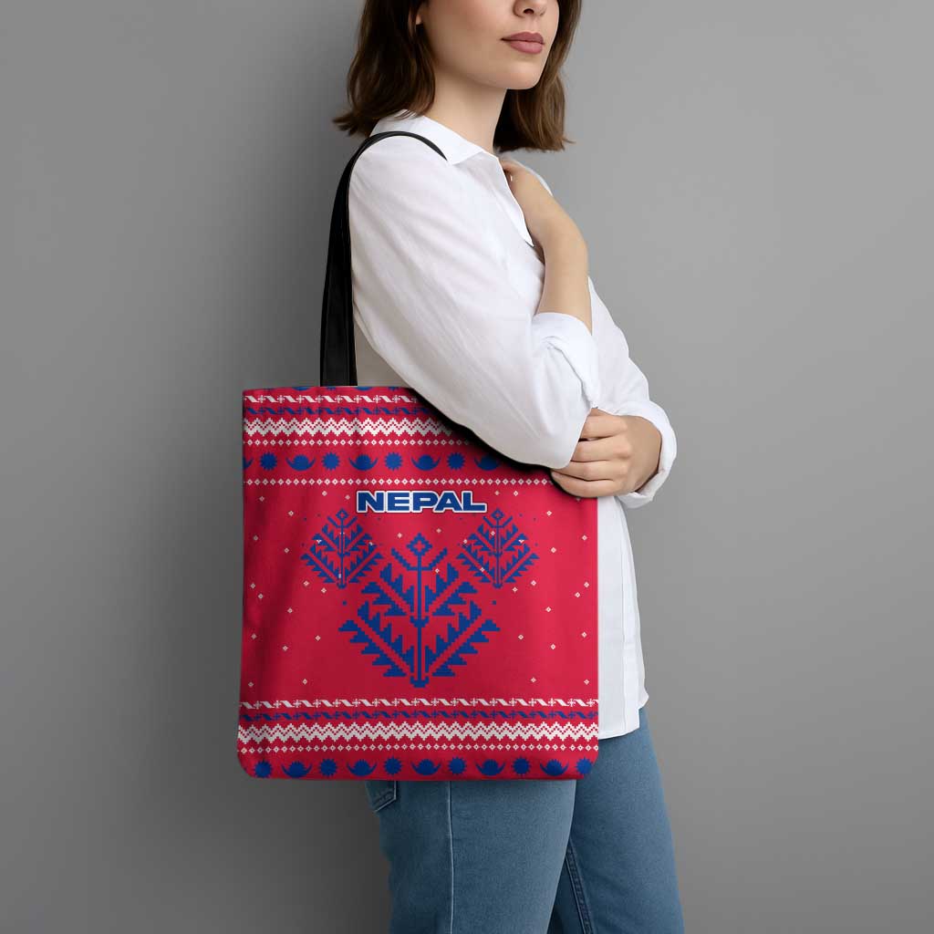 Nepal Christmas Tote Bag with Red-Blue Design, National Emblem, and Snowflake Motif - Wonder Print Shop