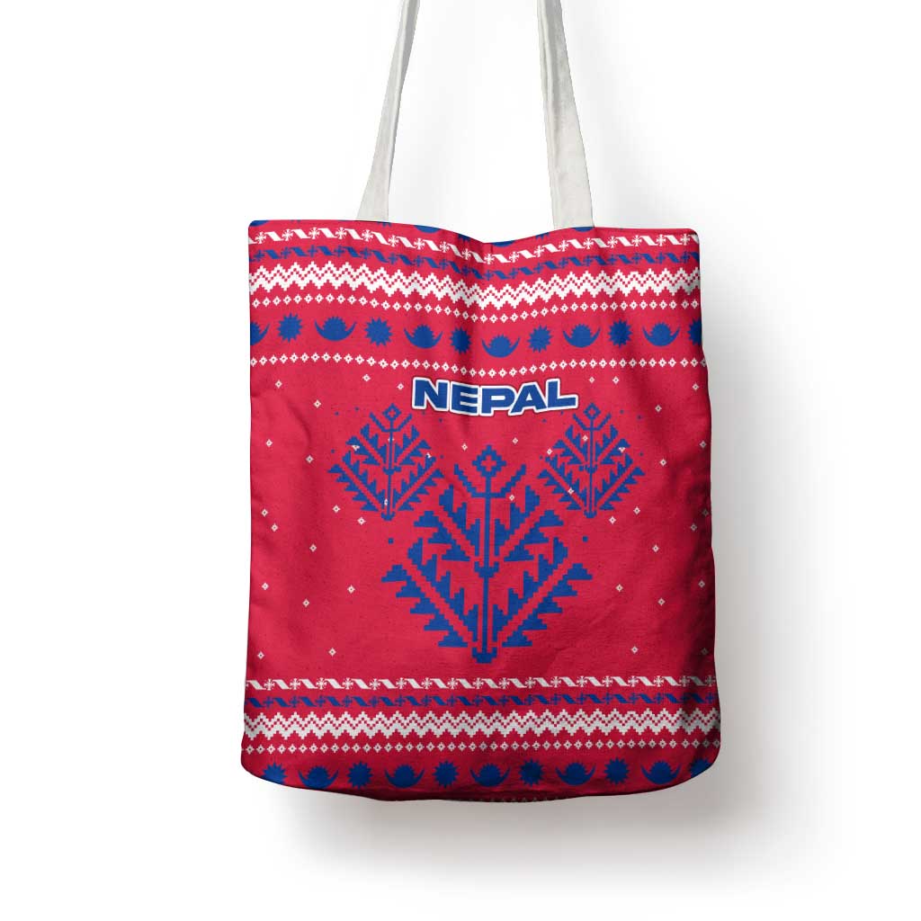 Nepal Christmas Tote Bag with Red-Blue Design, National Emblem, and Snowflake Motif - Wonder Print Shop