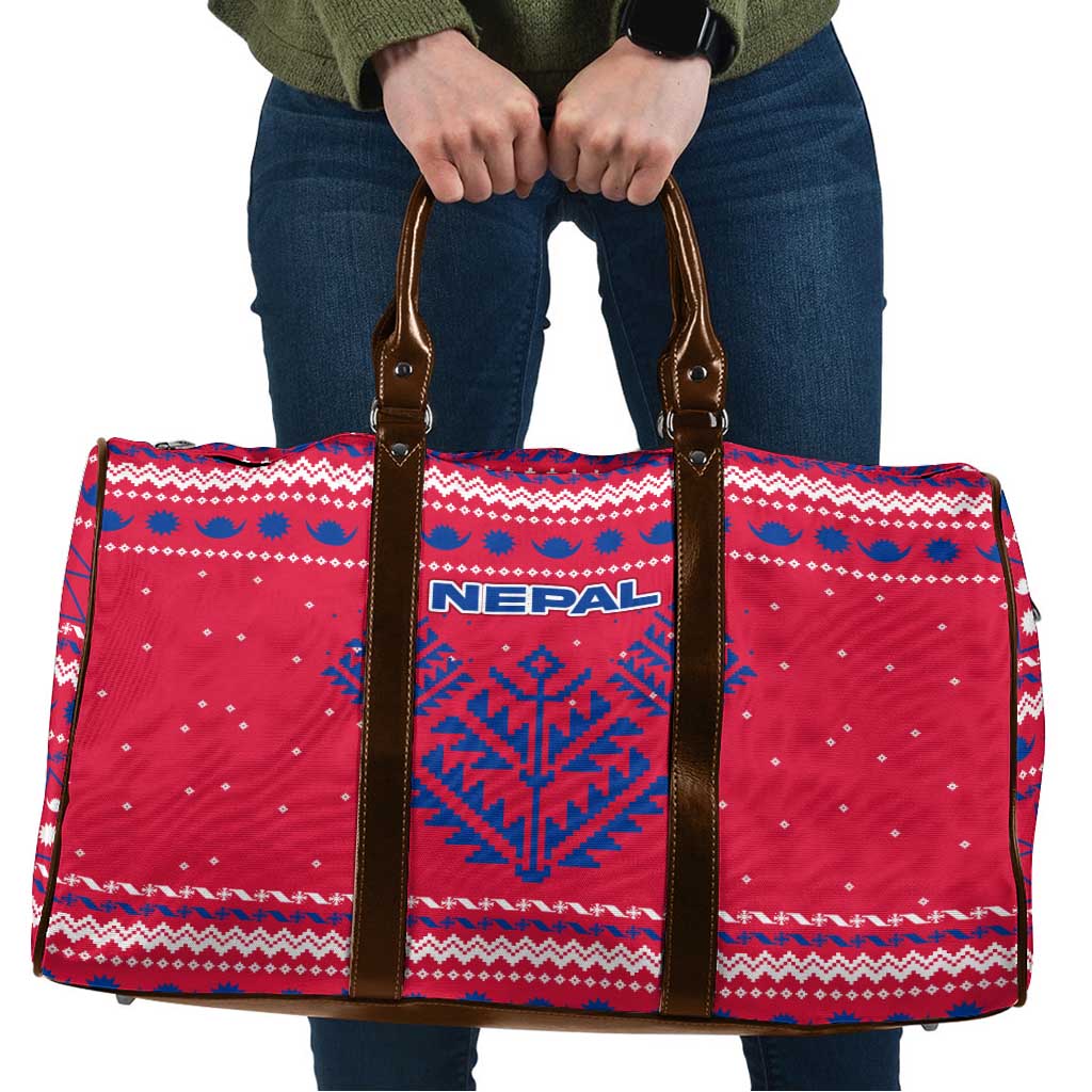 Nepal Christmas Travel Bag with Red-Blue Design, National Emblem, and Snowflake Motif - Wonder Print Shop