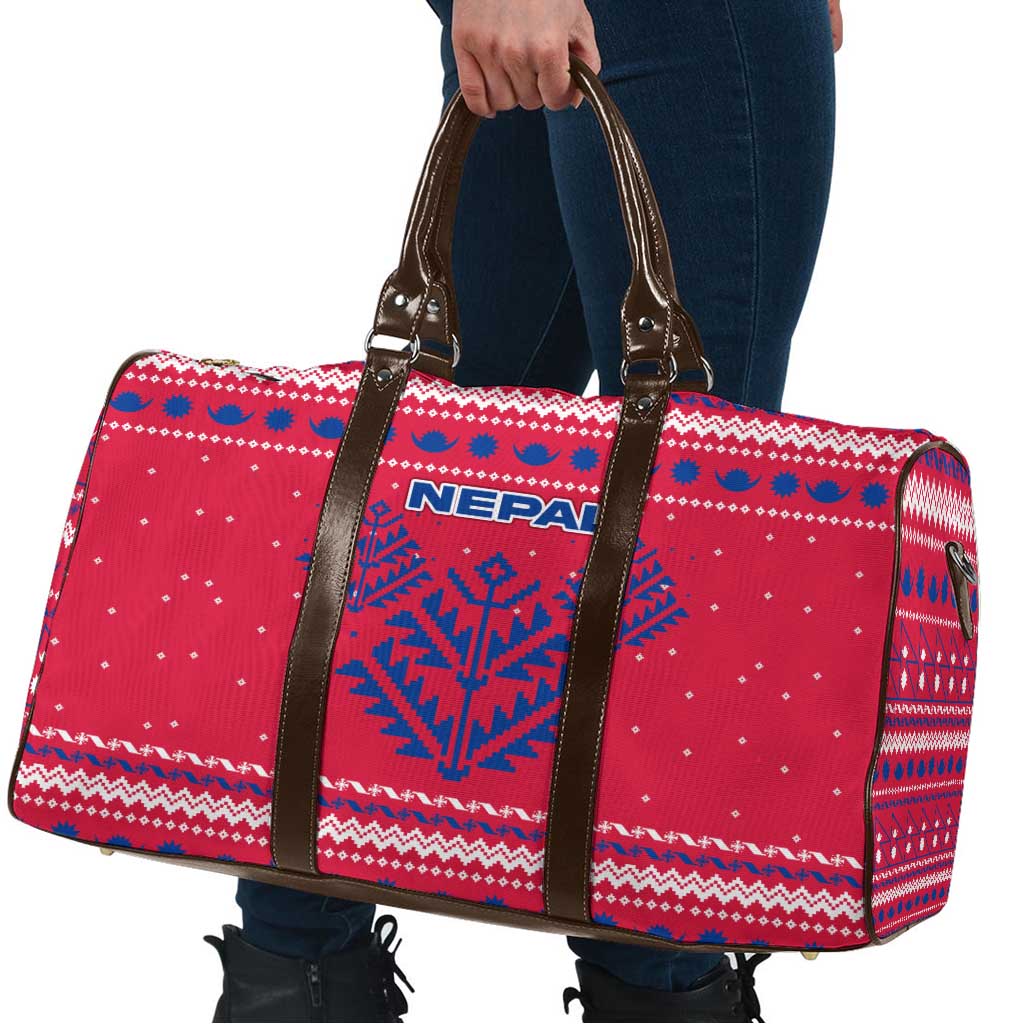 Nepal Christmas Travel Bag with Red-Blue Design, National Emblem, and Snowflake Motif - Wonder Print Shop