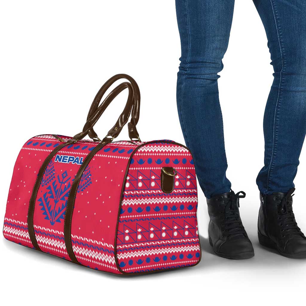 Nepal Christmas Travel Bag with Red-Blue Design, National Emblem, and Snowflake Motif - Wonder Print Shop
