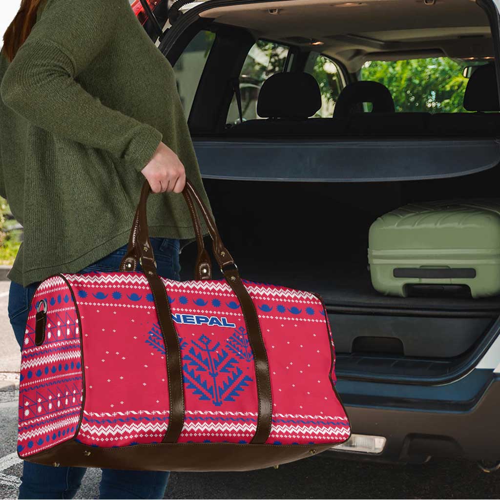 Nepal Christmas Travel Bag with Red-Blue Design, National Emblem, and Snowflake Motif - Wonder Print Shop