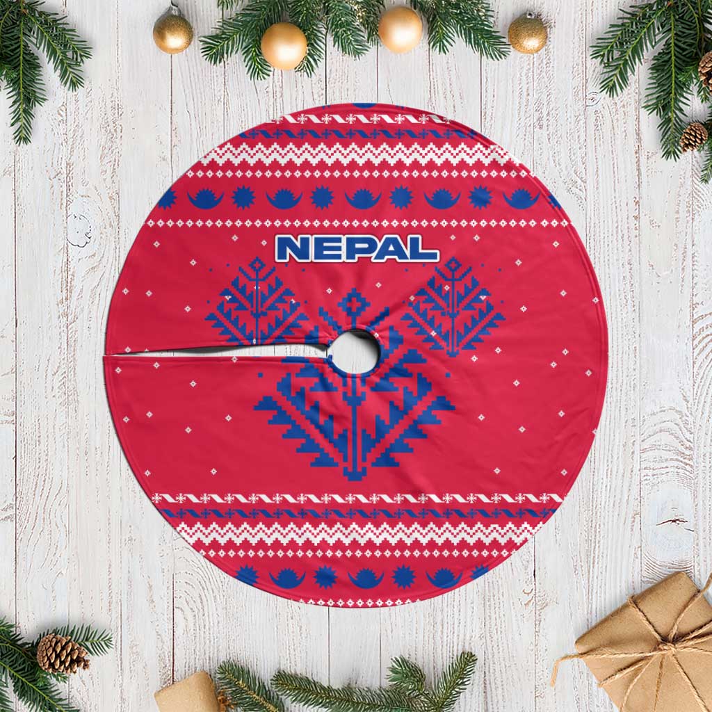 Nepal Christmas Tree Skirt with Red-Blue Design, National Emblem, and Snowflake Motif - Wonder Print Shop