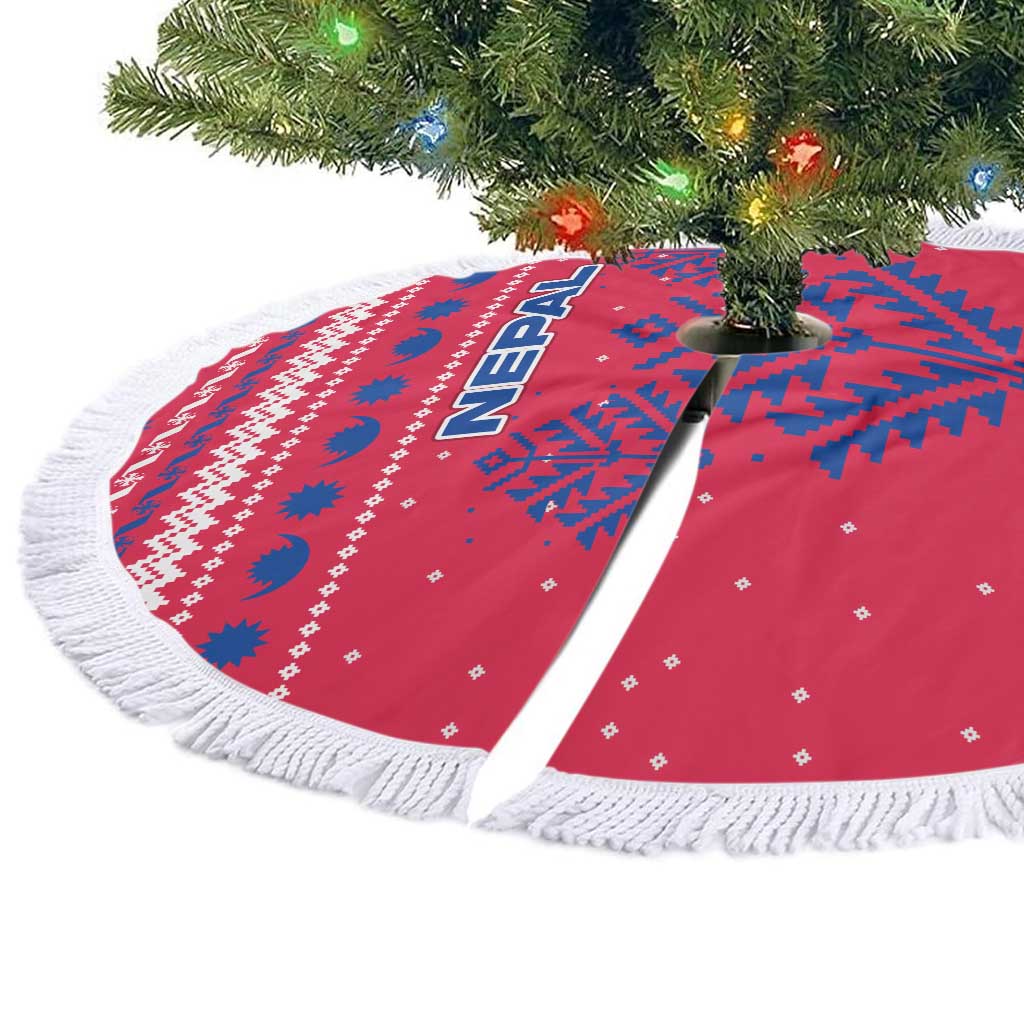Nepal Christmas Tree Skirt with Red-Blue Design, National Emblem, and Snowflake Motif - Wonder Print Shop