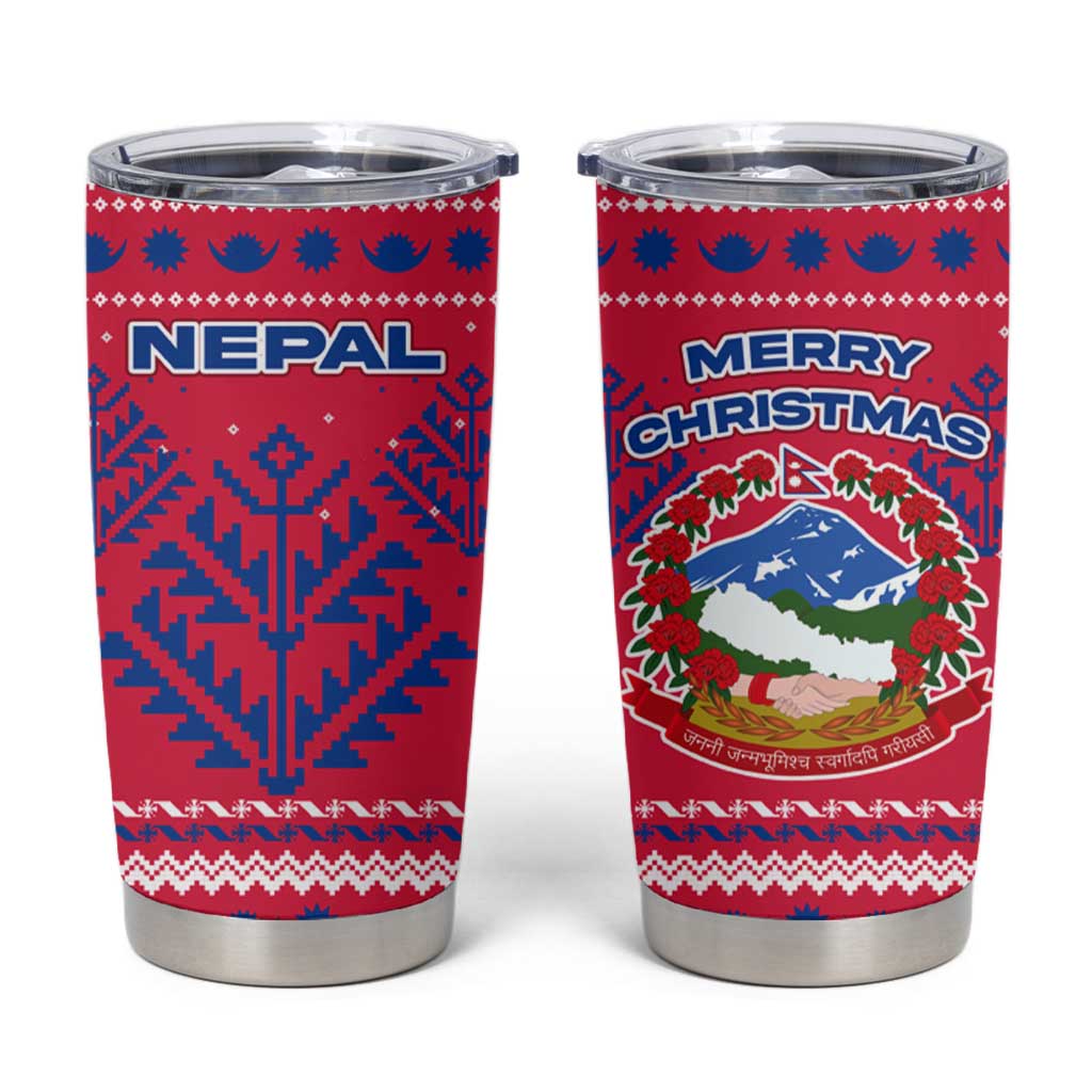 Nepal Christmas Tumbler Cup with Red-Blue Design, National Emblem, and Snowflake Motif - Wonder Print Shop
