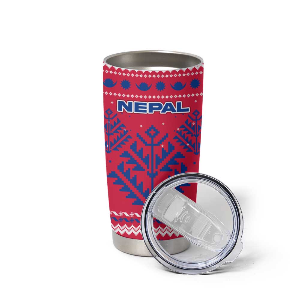 Nepal Christmas Tumbler Cup with Red-Blue Design, National Emblem, and Snowflake Motif - Wonder Print Shop