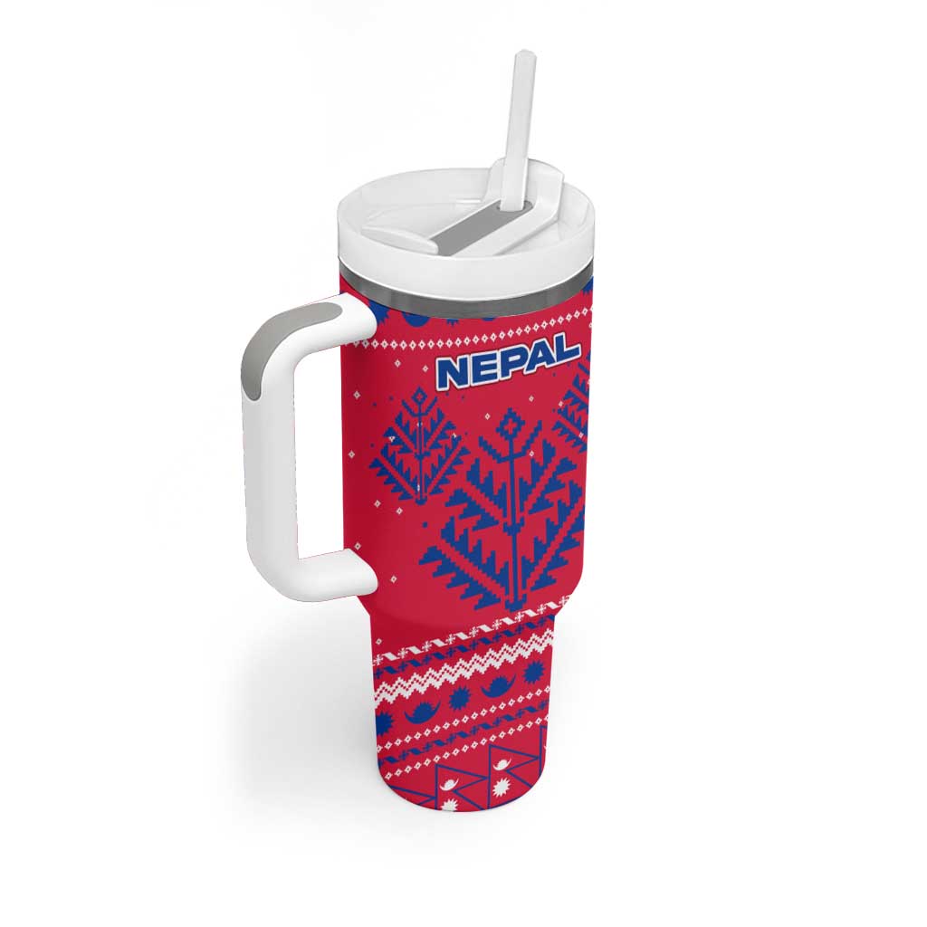 Nepal Christmas Tumbler With Handle with Red-Blue Design, National Emblem, and Snowflake Motif - Wonder Print Shop