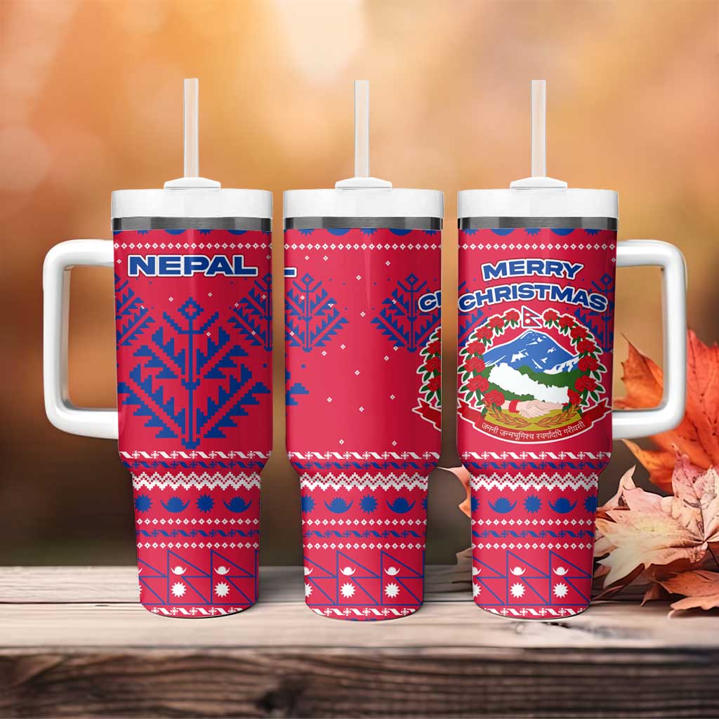 Nepal Christmas Tumbler With Handle with Red-Blue Design, National Emblem, and Snowflake Motif - Wonder Print Shop