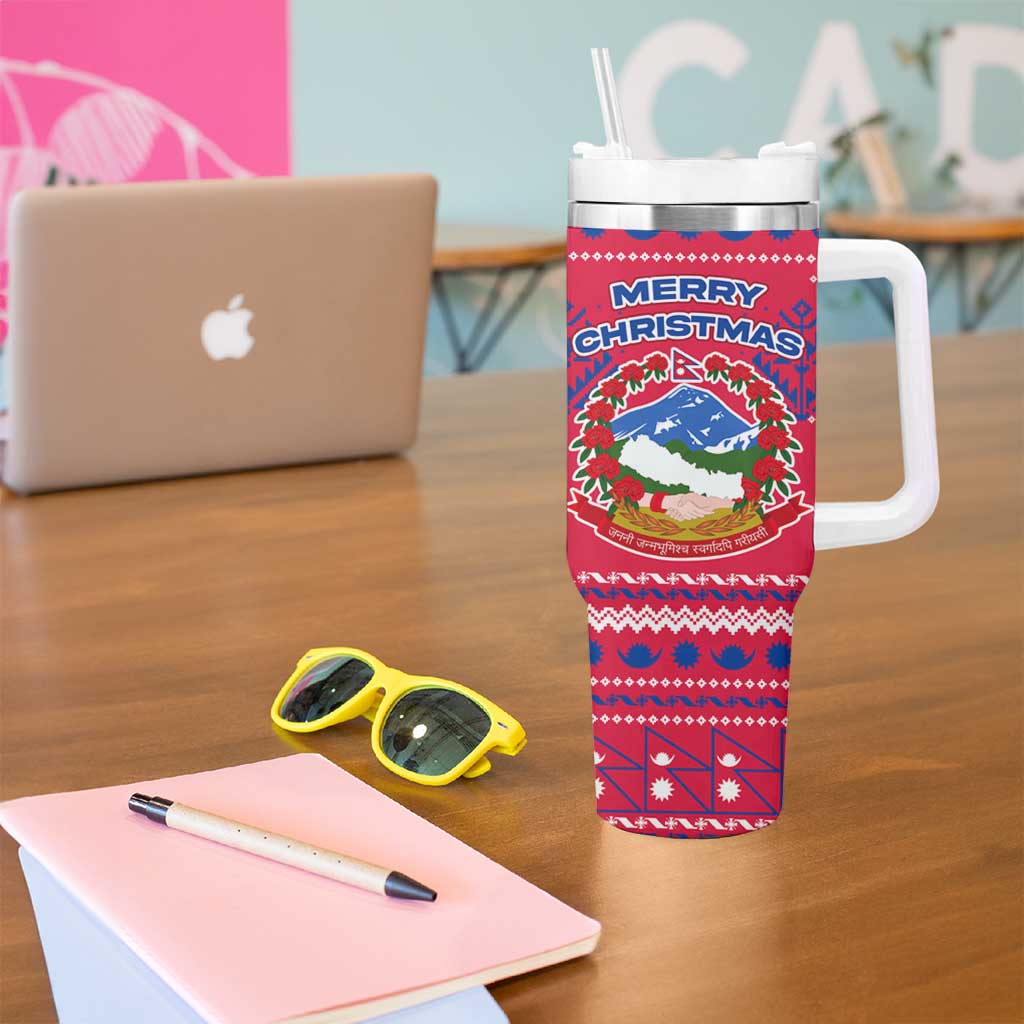 Nepal Christmas Tumbler With Handle with Red-Blue Design, National Emblem, and Snowflake Motif - Wonder Print Shop