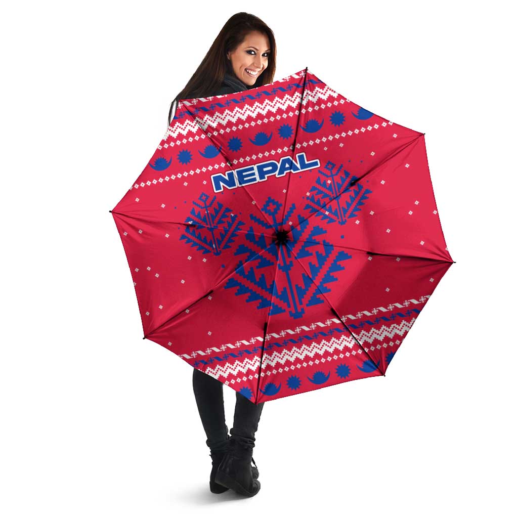 Nepal Christmas Umbrella with Red-Blue Design, National Emblem, and Snowflake Motif - Wonder Print Shop