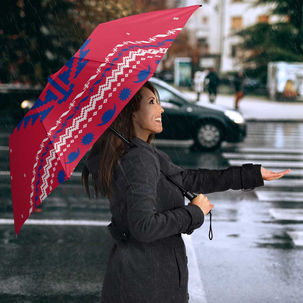 Nepal Christmas Umbrella with Red-Blue Design, National Emblem, and Snowflake Motif - Wonder Print Shop