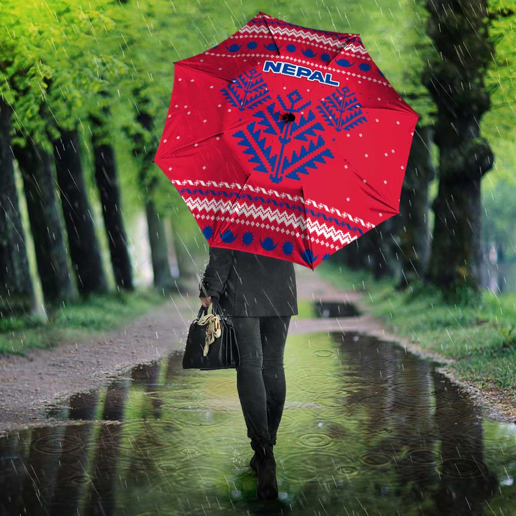 Nepal Christmas Umbrella with Red-Blue Design, National Emblem, and Snowflake Motif - Wonder Print Shop