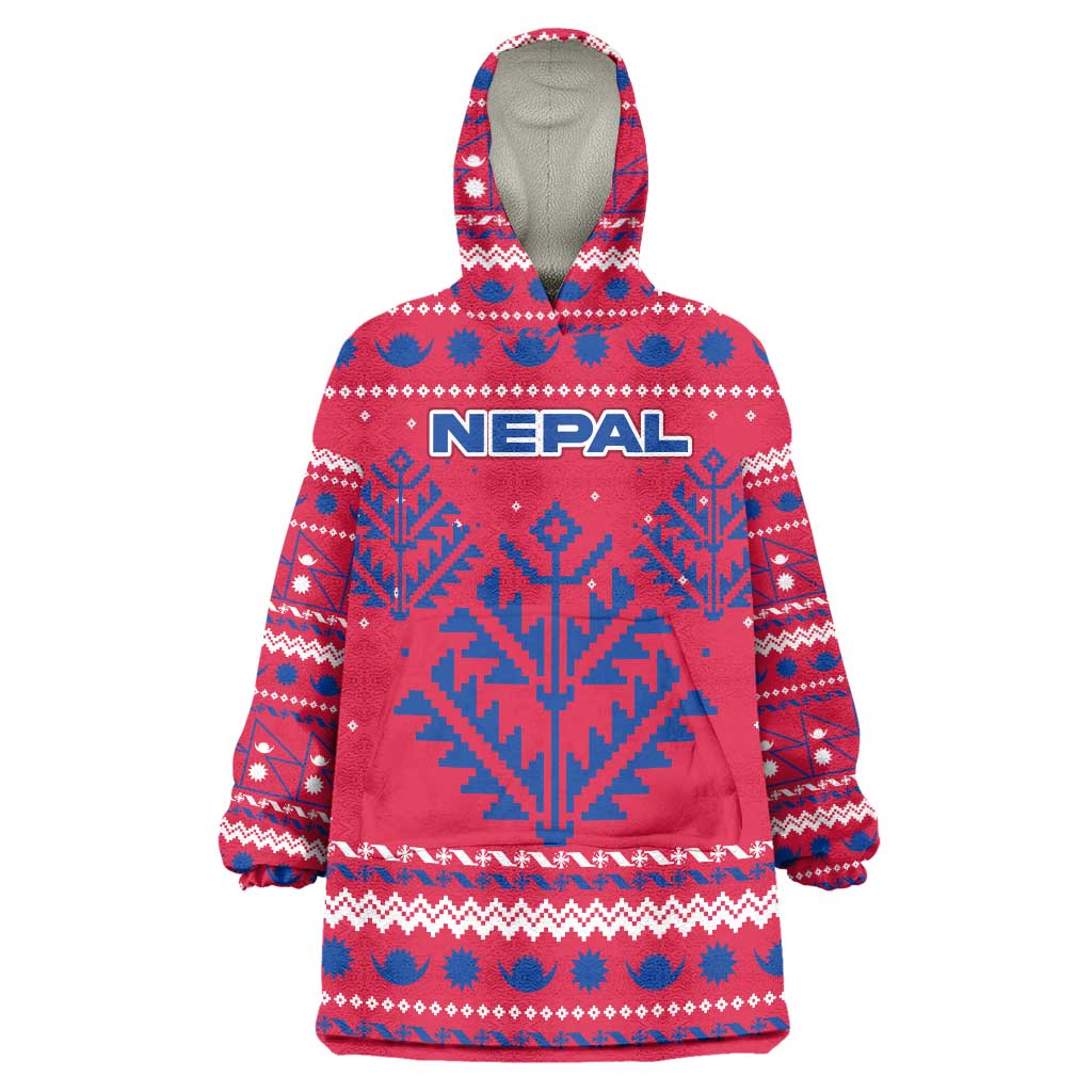 Nepal Christmas Wearable Blanket Hoodie with Red-Blue Design, National Emblem, and Snowflake Motif - Wonder Print Shop