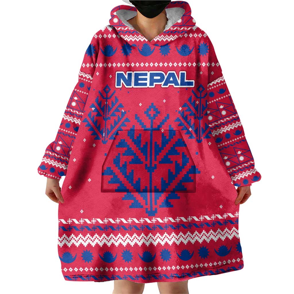 Nepal Christmas Wearable Blanket Hoodie with Red-Blue Design, National Emblem, and Snowflake Motif - Wonder Print Shop