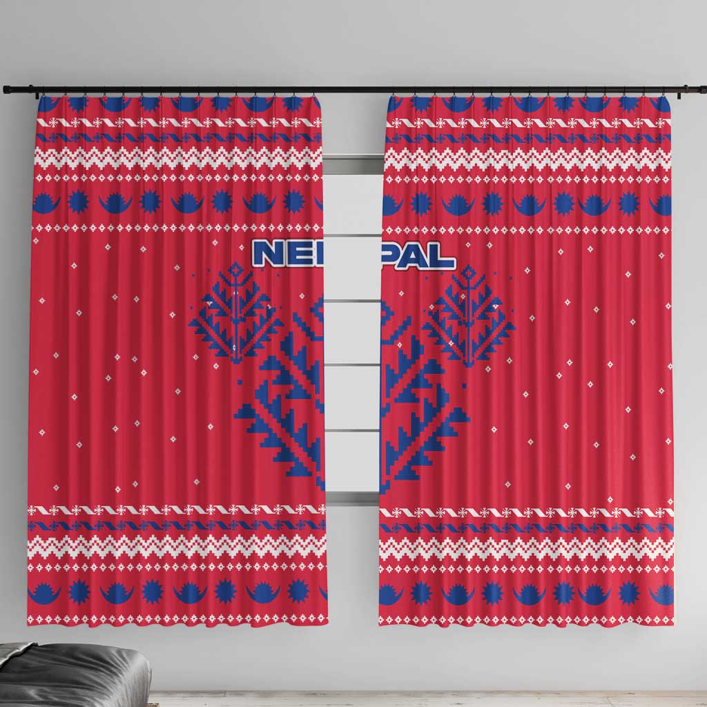 Nepal Christmas Window Curtain with Red-Blue Design, National Emblem, and Snowflake Motif - Wonder Print Shop