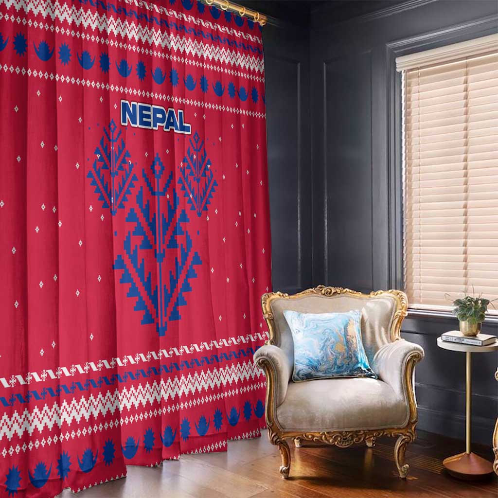 Nepal Christmas Window Curtain with Red-Blue Design, National Emblem, and Snowflake Motif - Wonder Print Shop