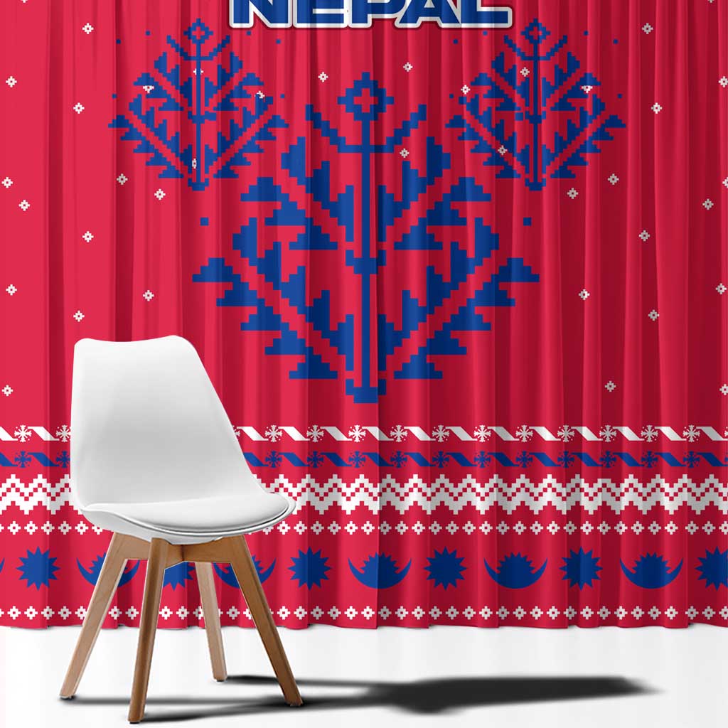 Nepal Christmas Window Curtain with Red-Blue Design, National Emblem, and Snowflake Motif - Wonder Print Shop