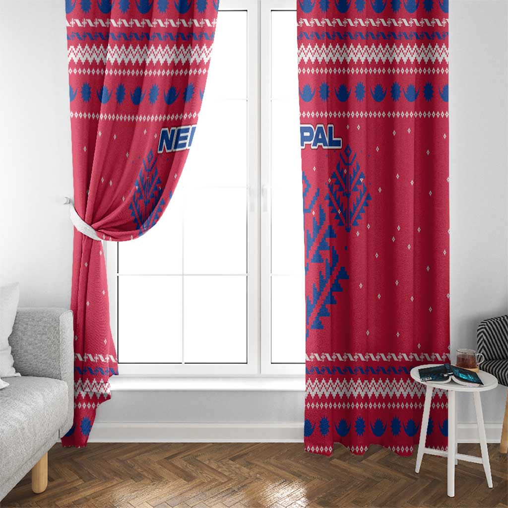 Nepal Christmas Window Curtain with Red-Blue Design, National Emblem, and Snowflake Motif - Wonder Print Shop