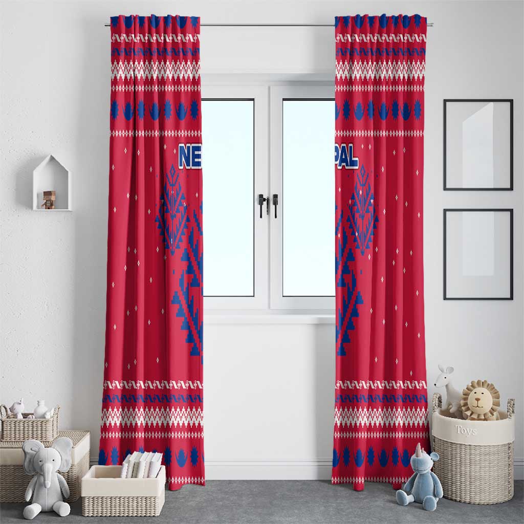 Nepal Christmas Window Curtain with Red-Blue Design, National Emblem, and Snowflake Motif - Wonder Print Shop