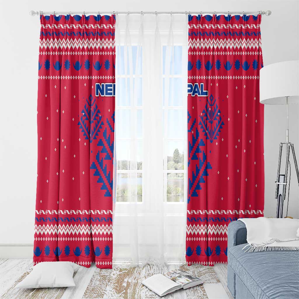 Nepal Christmas Window Curtain with Red-Blue Design, National Emblem, and Snowflake Motif - Wonder Print Shop