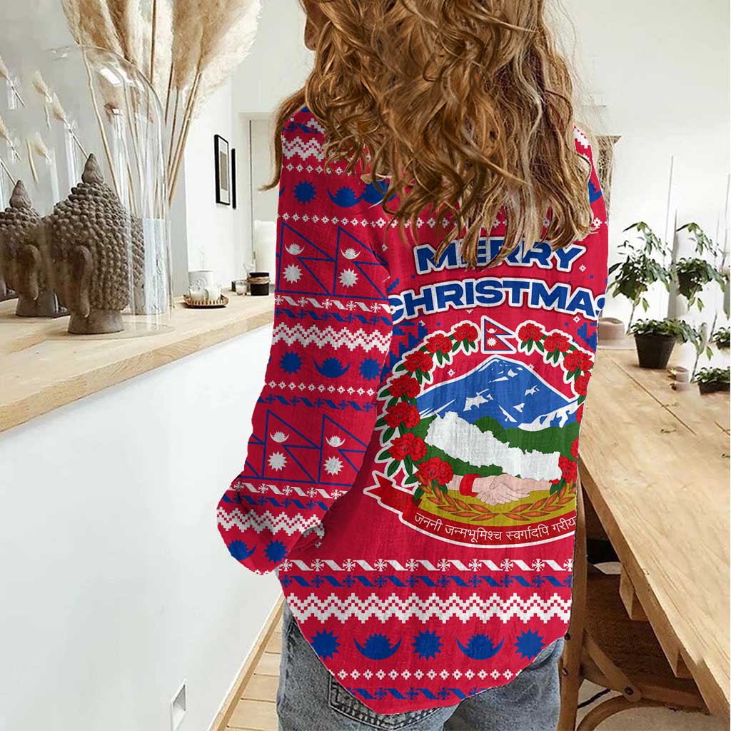Nepal Christmas Women Casual Shirt with Red-Blue Design, National Emblem, and Snowflake Motif - Wonder Print Shop