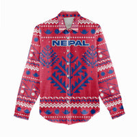 Nepal Christmas Women Casual Shirt with Red-Blue Design, National Emblem, and Snowflake Motif - Wonder Print Shop