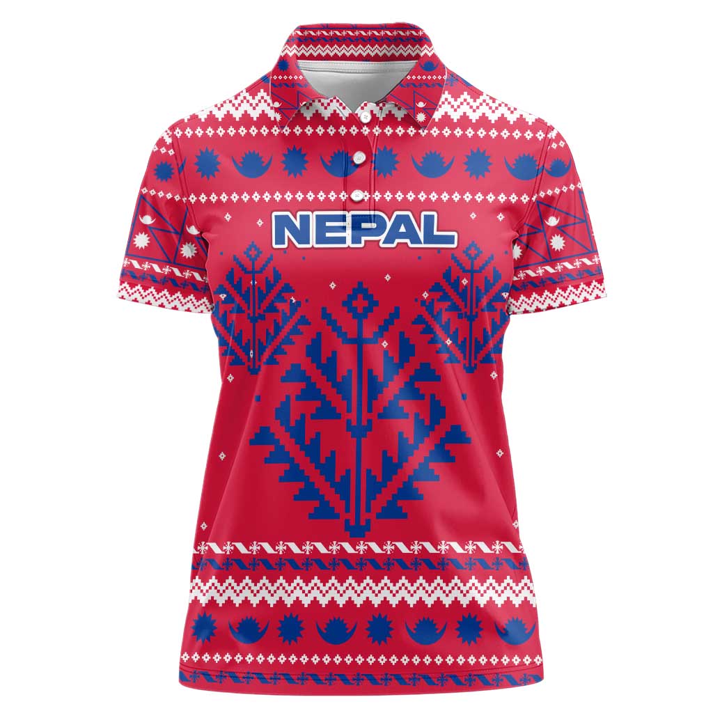 Nepal Christmas Women Polo Shirt with Red-Blue Design, National Emblem, and Snowflake Motif - Wonder Print Shop