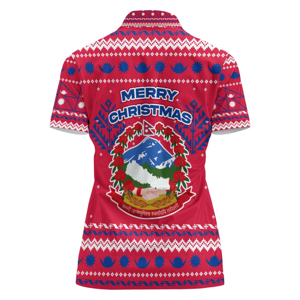 Nepal Christmas Women Polo Shirt with Red-Blue Design, National Emblem, and Snowflake Motif - Wonder Print Shop
