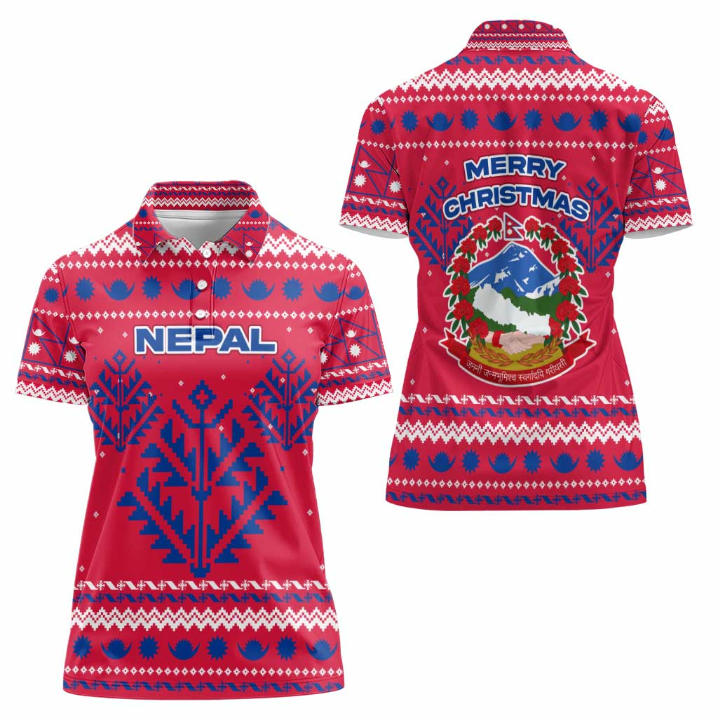Nepal Christmas Women Polo Shirt with Red-Blue Design, National Emblem, and Snowflake Motif - Wonder Print Shop