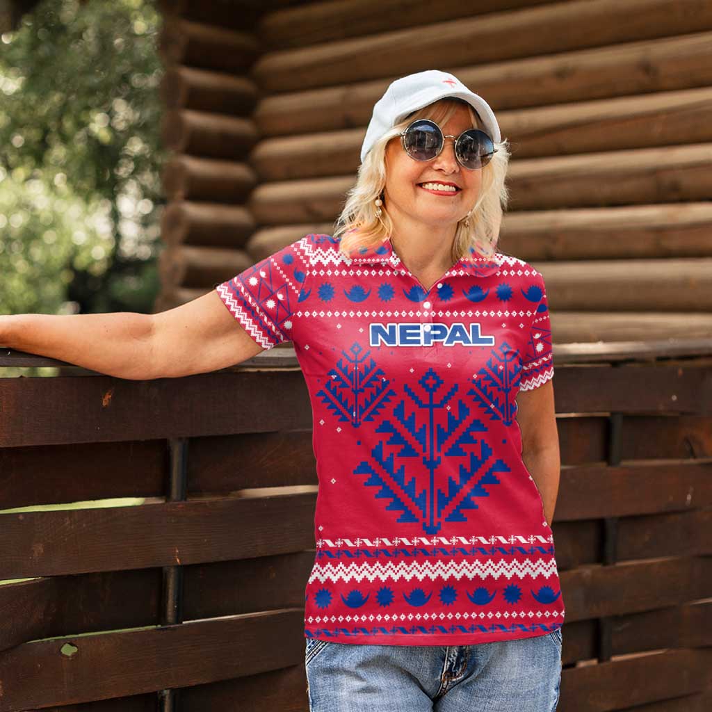 Nepal Christmas Women Polo Shirt with Red-Blue Design, National Emblem, and Snowflake Motif - Wonder Print Shop