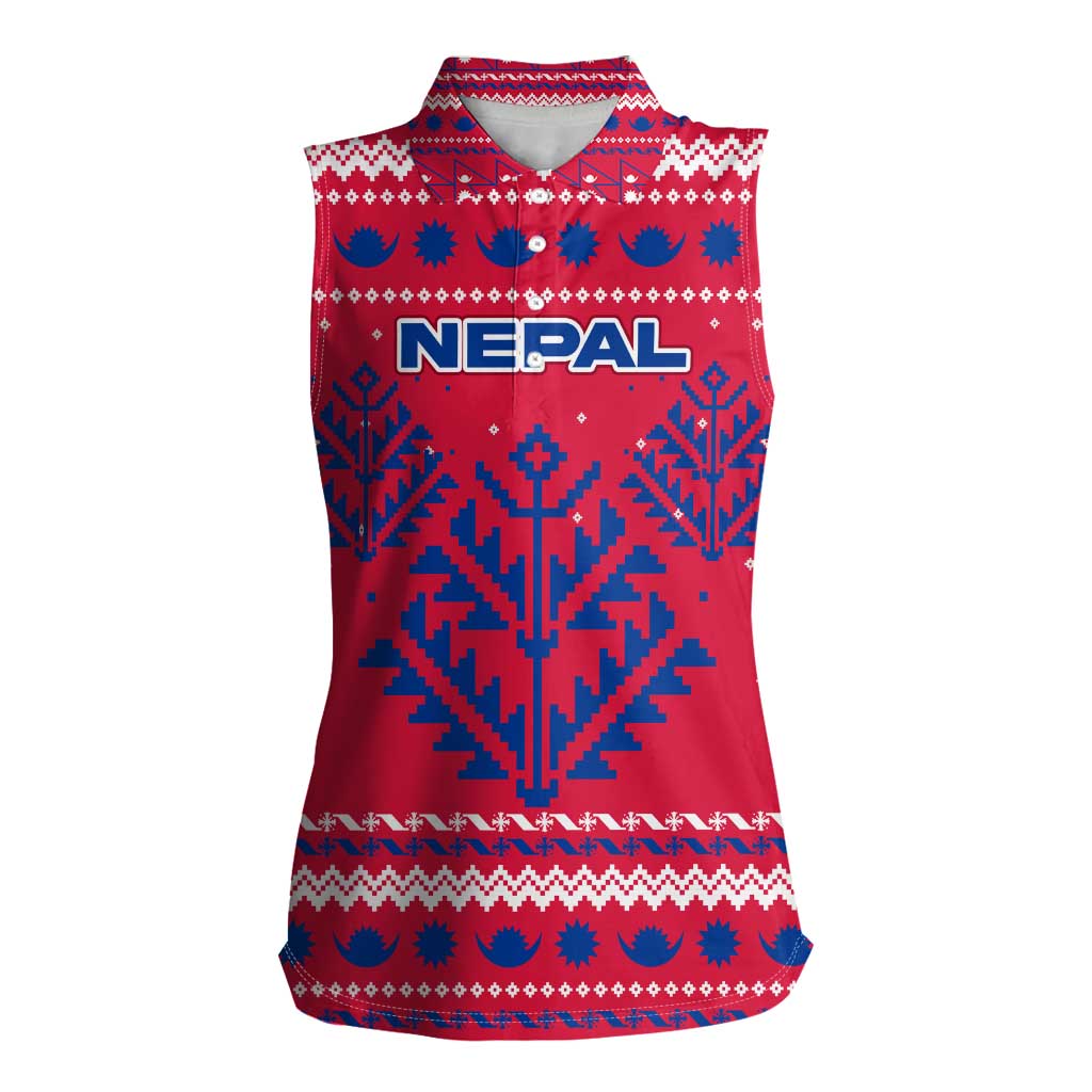 Nepal Christmas Women Sleeveless Polo Shirt with Red-Blue Design, National Emblem, and Snowflake Motif - Wonder Print Shop