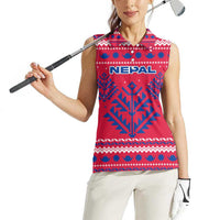 Nepal Christmas Women Sleeveless Polo Shirt with Red-Blue Design, National Emblem, and Snowflake Motif - Wonder Print Shop